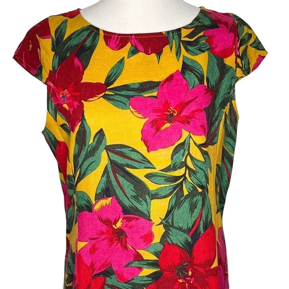 For Cynthia Womens Linen Dress Size Petite Large Hawaiian Tropical Floral Print